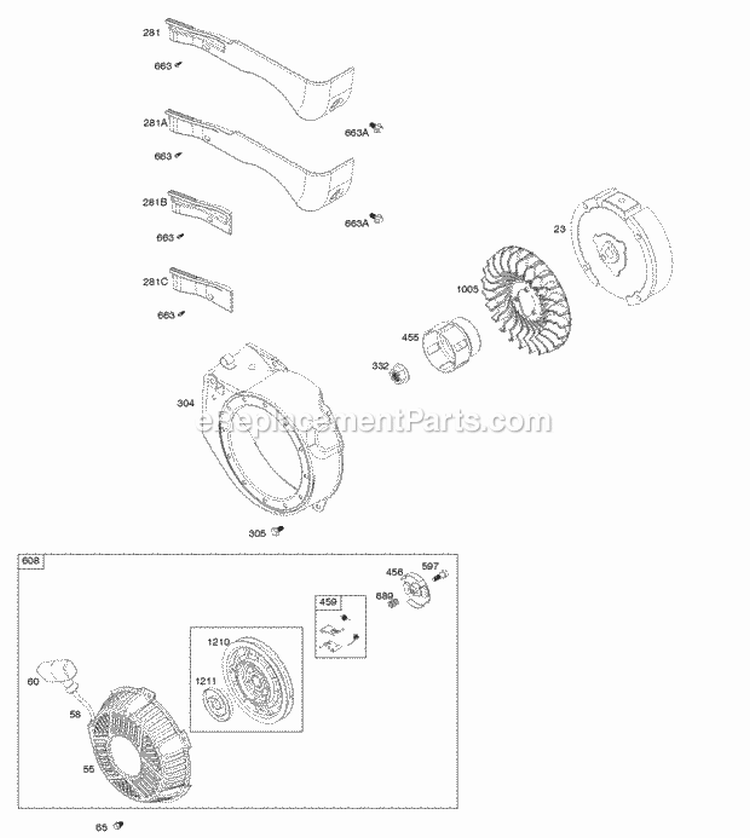 Blower Housing Flywheel Rewind Starter Diagram and Parts List for  Briggs and Stratton Engine